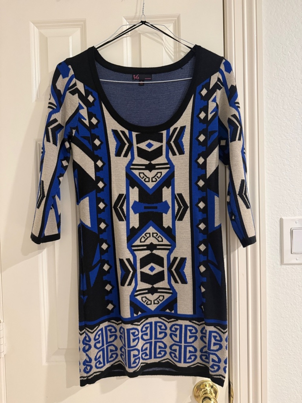 Geometric Knit Sweater Dress in Blue, Black & Cream